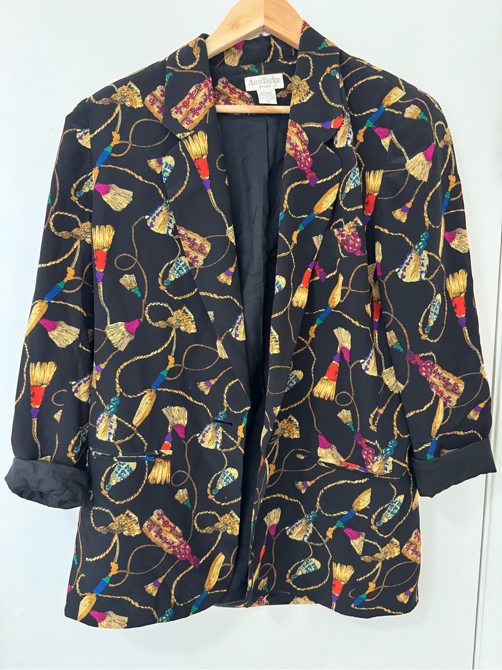 Vintage 80s 90s Ann Taylor Studio 100% Silk Tassel Print Blazer Size 10